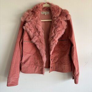 Twenty/ Twenty Womens Real Rabbit Fur Jacket Full Zip Front Pocket Pink SZ Large